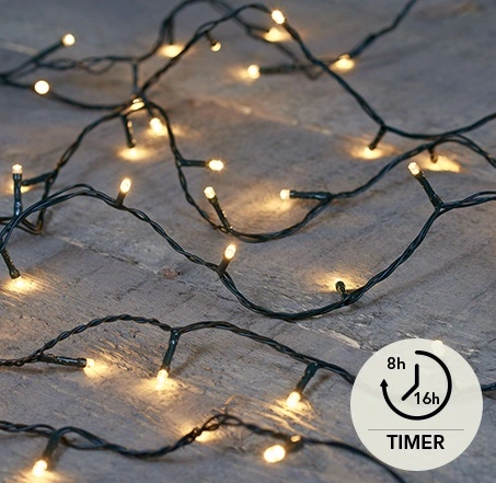 B.O.T. LED LIGHTS 200L/15M WARM WIT MET TIMER 6/18U - 50CM AANLOOPSNOER ZWART 4XAA/IP44