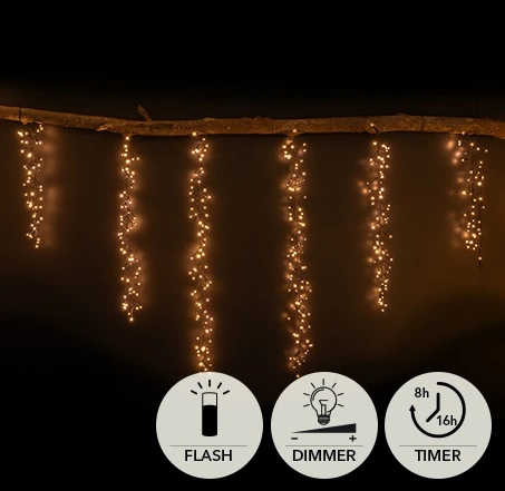 CASCADE CLUSTER 432LED (36X FLASH) IP44 TRAFO MET TIMER DRAADLENGTES 48 CM/72 CM /96 CM CLASSIC WARM