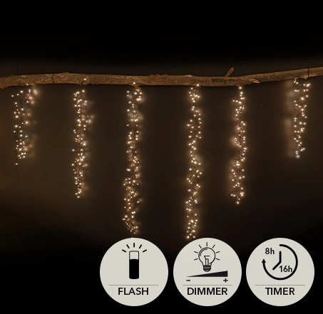 CASCADE CLUSTER 432LED (36X FLASH) IP44 TRAFO MET TIMER DRAADLENGTES 48 CM/72 CM /96 CM WARM WIT/CLA