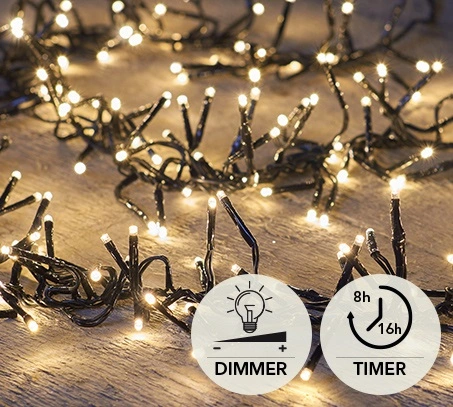 CLUSTER LIGHTS 192L/1,2M LED WARM WIT - 4M AANLOOPSNOER ZWART - BI-BUI / IP44 TRAFO AAN / 8/16U TIME