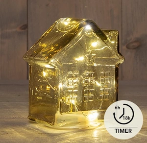 HUISJE GLAS 10LED 3XAAA BATTERIJ MET TIMER 12.5X7.5XH14CM AMBER