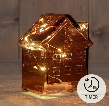 HUISJE GLAS 10LED 3XAAA BATTERIJ MET TIMER 12.5X7.5XH14CM BORDEAUX