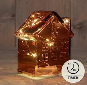 HUISJE GLAS 10LED 3XAAA BATTERIJ MET TIMER 12.5X7.5XH14CM BORDEAUX