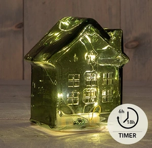 HUISJE GLAS 10LED 3XAAA BATTERIJ MET TIMER 12.5X7.5XH14CM GROEN