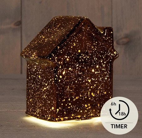 HUISJE GLAS 10LED 3XAAA BATTERIJ MET TIMER 12.5X7.5XH14CM METALLIC BRONS