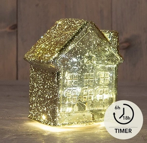 HUISJE GLAS 10LED 3XAAA BATTERIJ MET TIMER 12.5X7.5XH14CM METALLIC GOUD