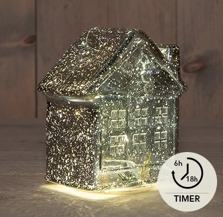 HUISJE GLAS 10LED 3XAAA BATTERIJ MET TIMER 12.5X7.5XH14CM METALLIC ANTRACIET