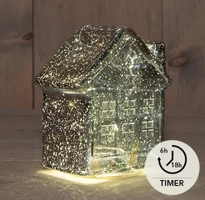 HUISJE GLAS 10LED 3XAAA BATTERIJ MET TIMER 12.5X7.5XH14CM METALLIC ANTRACIET
