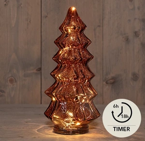 KERSTBOOMPJE GLAS 10LED 3XAAA BATTERIJ MET TIMER 13,5X26CM BORDEAUX