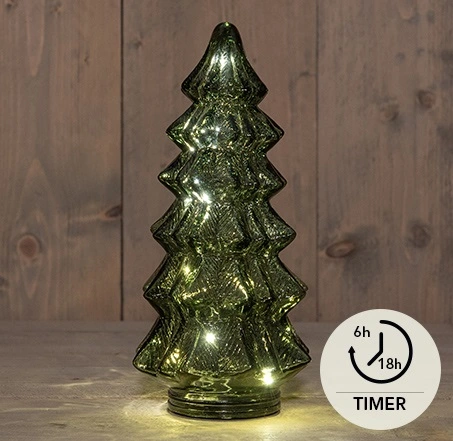 KERSTBOOMPJE GLAS 10LED 3XAAA BATTERIJ MET TIMER 13,5X26CM GROEN
