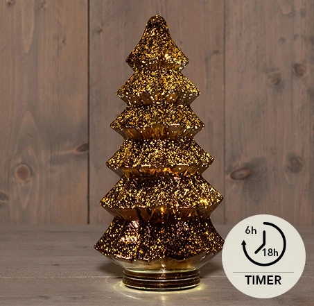 KERSTBOOMPJE GLAS 10LED 3XAAA BATTERIJ MET TIMER 13,5X26CM METALLIC BRONS