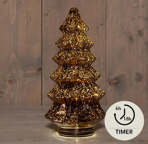 KERSTBOOMPJE GLAS 10LED 3XAAA BATTERIJ MET TIMER 13,5X26CM METALLIC BRONS