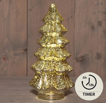KERSTBOOMPJE GLAS 10LED 3XAAA BATTERIJ MET TIMER 13,5X26CM METALLIC GOUD