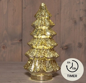 KERSTBOOMPJE GLAS 10LED 3XAAA BATTERIJ MET TIMER 13,5X26CM METALLIC GOUD