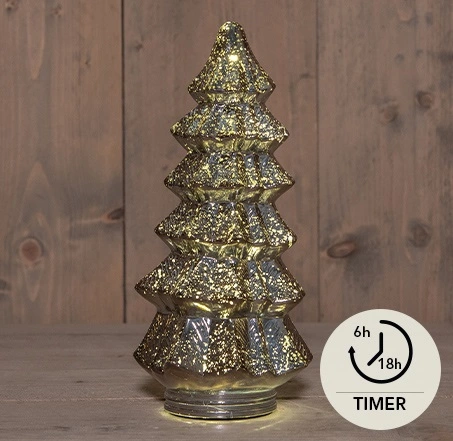 KERSTBOOMPJE GLAS 10LED 3XAAA BATTERIJ MET TIMER 13,5X26CM METALLIC ANTRACIET