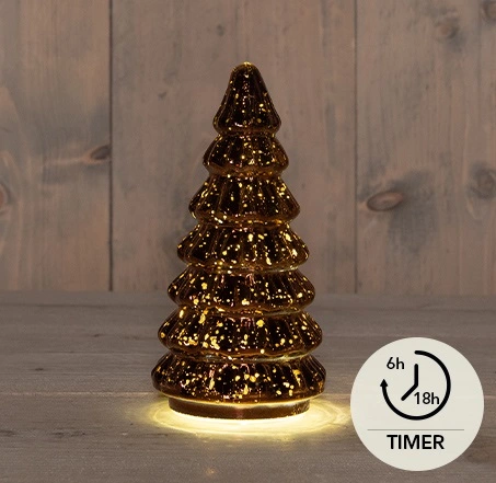 KERSTBOOMPJE GLAS 10LED 3XAAA BATTERIJ MET TIMER 9.5XH18.5CM METALLIC BRONS