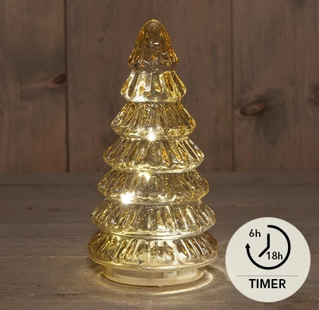 KERSTBOOMPJE GLAS 10LED OP BATTERIJ MET TIMER 18.5X9.5CM AMBER