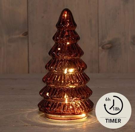 KERSTBOOMPJE GLAS 10LED OP BATTERIJ MET TIMER 18.5X9.5CM BORDEAUX