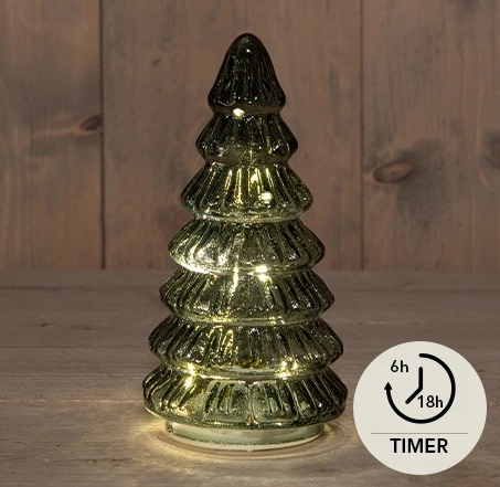 KERSTBOOMPJE GLAS 10LED OP BATTERIJ MET TIMER 18.5X9.5CM GROEN
