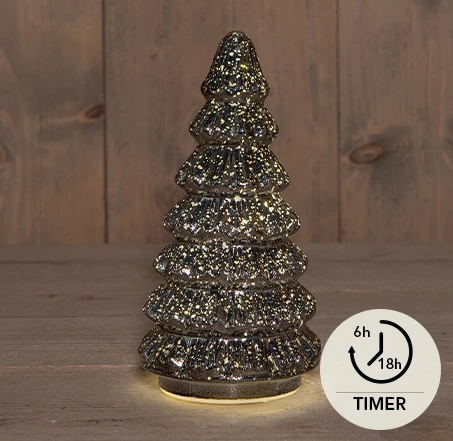 KERSTBOOMPJE GLAS 10LED OP BATTERIJ MET TIMER 18.5X9.5CM METALLIC ANTRACIET