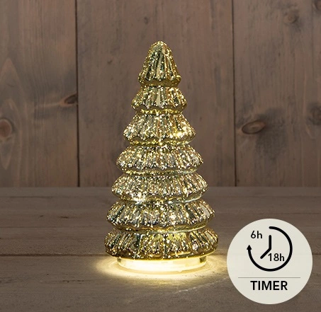 KERSTBOOMPJE GLAS 10LED OP BATTERIJ MET TIMER 18.5X9.5CM METALLIC GOUD