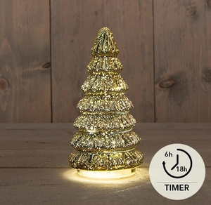 KERSTBOOMPJE GLAS 10LED OP BATTERIJ MET TIMER 18.5X9.5CM METALLIC GOUD