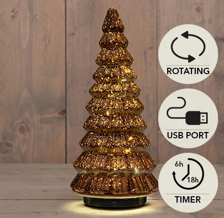 KERSTBOOMPJE GLAS DRAAIEND  20LED 3XAA BATTERIJ MET TIMER EN USB AANSLUITING 13,3X30CM METALLIC BRON