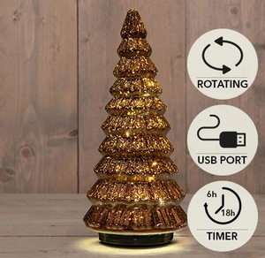 KERSTBOOMPJE GLAS DRAAIEND  20LED 3XAA BATTERIJ MET TIMER EN USB AANSLUITING 13,3X30CM METALLIC BRON