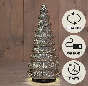 KERSTBOOMPJE GLAS DRAAIEND  20LED 3XAA BATTERIJ MET TIMER EN USB AANSLUITING 13,3X30CM METALLIC ANTR
