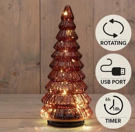 KERSTBOOMPJE GLAS DRAAIEND  20LED 3XAA BATTERIJ MET TIMER EN USB AANSLUITING 13,3X30CM  BORDEAUX
