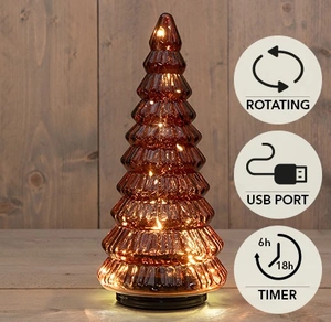 KERSTBOOMPJE GLAS DRAAIEND  20LED 3XAA BATTERIJ MET TIMER EN USB AANSLUITING 13,3X30CM  BORDEAUX