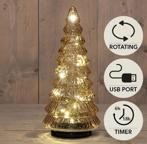 KERSTBOOMPJE GLAS DRAAIEND  20LED 3XAA BATTERIJ MET TIMER EN USB AANSLUITING 13,3X30CM  AMBER