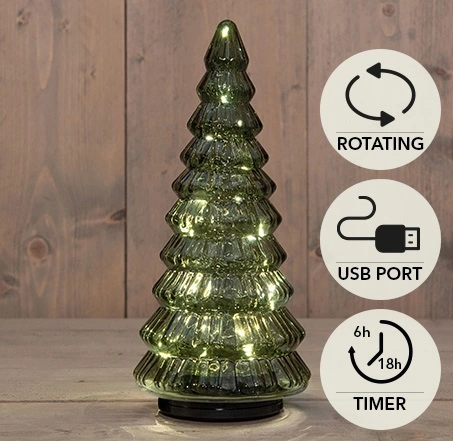 KERSTBOOMPJE GLAS DRAAIEND  20LED 3XAA BATTERIJ MET TIMER EN USB AANSLUITING 13,3X30CM GROEN