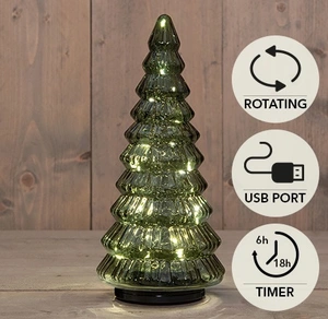 KERSTBOOMPJE GLAS DRAAIEND  20LED 3XAA BATTERIJ MET TIMER EN USB AANSLUITING 13,3X30CM GROEN