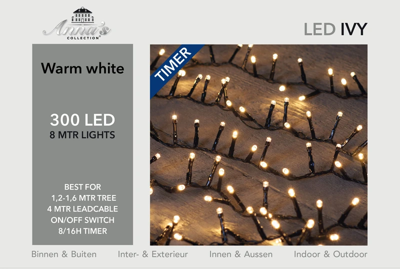 LED IVY 300L/8M WARM WHITE - 4MTR LEAD CABLE BLACK - IP44 TR