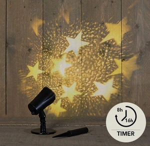LED OUTDOOR PROJECTOR STER WARM WIT VOETJE EN STEKER / 8/16H TIMER IP44 / 5M AANLOOPSNOER