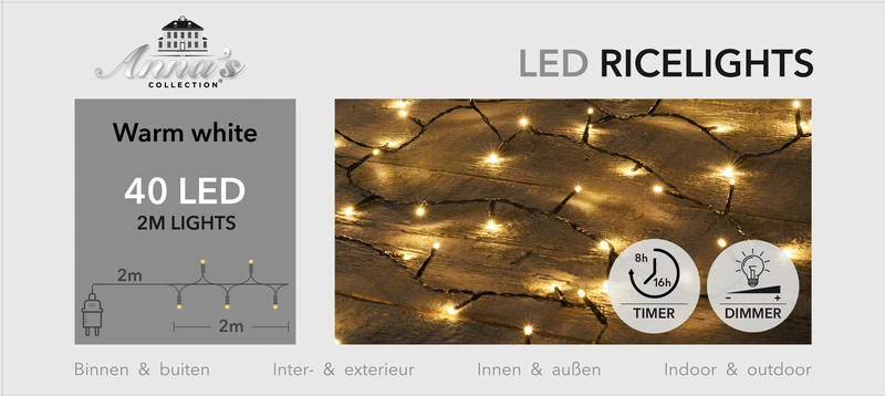 LED RICELIGHT 40L/2M WARM WHITE - 2MTR LEAD CABLE BLACK