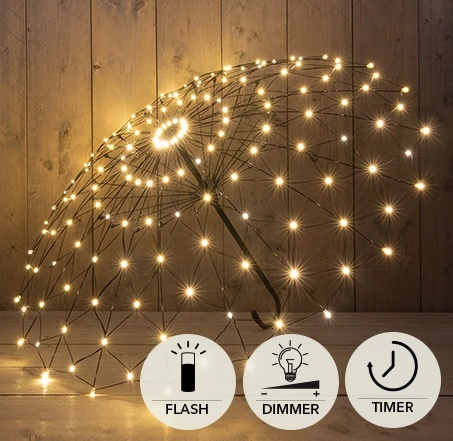 PARAPLU METAAL 160LED FLASH 105X66CM /IP44 TRAFO MET TIMER EN DIMMER CLASSIC WARM