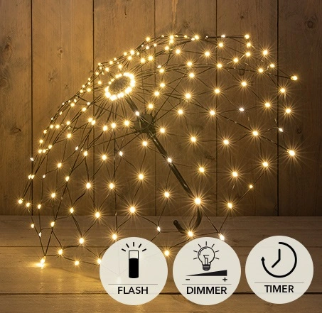 PARAPLU METAAL 160LED FLASH 85X53CM /IP44 TRAFO MET TIMER EN DIMMER CLASSIC WARM