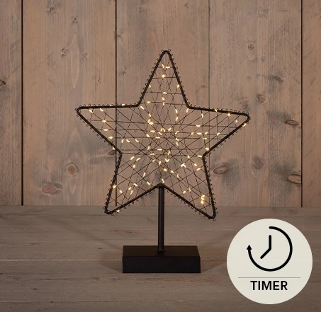 STER OP VOET METAAL 85LED IP20  2XAA BATTERIJ 6/18U TIMER 28X34,5CM CLASSIC WARM