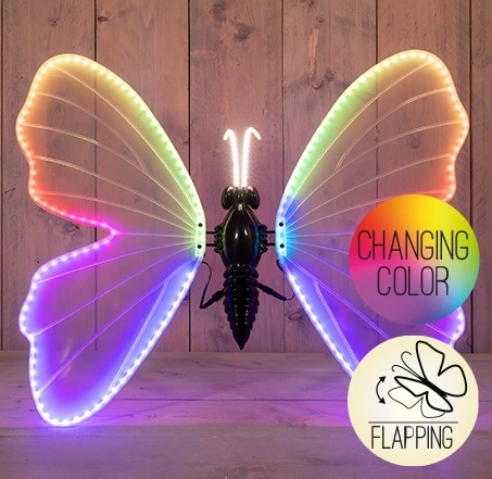 VLINDER LED RGB 80CM BEWEGENDE VLEUGELS -INCL.AFSTANDBEDIENING 5MTR AANLOOPSNOER - IP44 TRANSFORMER